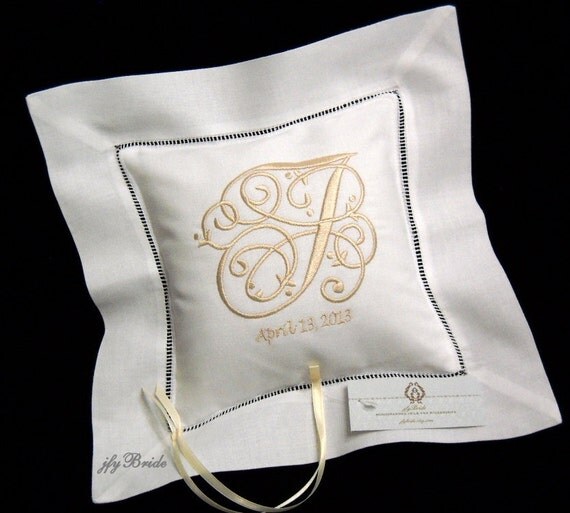 Linen Ring Bearer Pillow Monogrammed Ring Pillow Embroidered