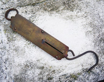 Antique hanging scale - Chantillons Improved Spring Balance Scale - brass with hook - nice patina - New York