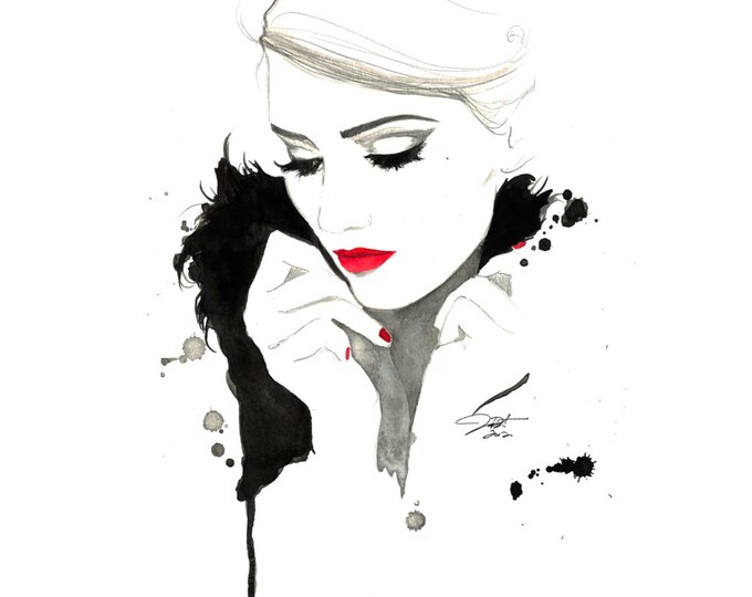 Print from original watercolor and mixed media fashion illustration by Jessica Durrant titled, Don't Forget Me