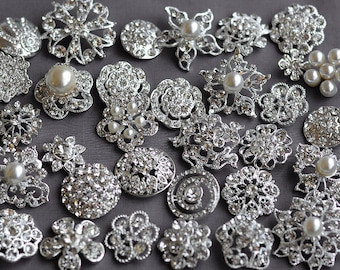 10 pcs Assorted Rhinestone Button Brooch Embellishment Pearl Crystal Button Wedding Brooch Bouquet Cake Hair Comb DIY BT165