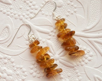 Beautiful Golden Greenish Honey Natural Baltic Amber Silver Dangling Earrings