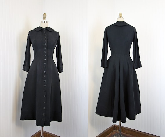 1940s Princess Coat - Vintage 40s Dress - Black Rayon Full Skirt M - Princess Noir