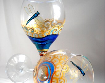 Dragonfly Glassware, Blue Dragonfly Wine Glasses Hand Painted Pair