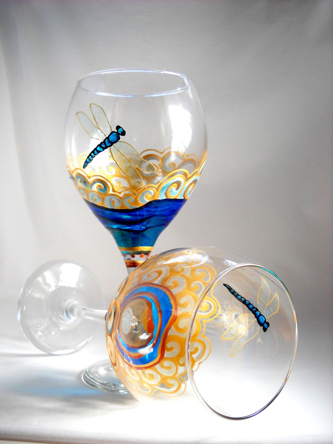 Dragonfly Glassware Blue Dragonfly Wine Glasses Hand Painted