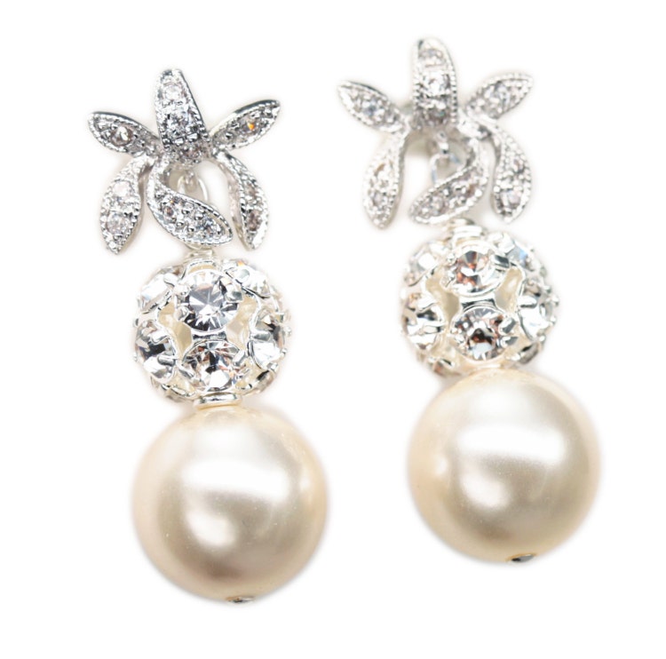 Rhinestone and Pearl Dangle Earrings Bridal Post by LizardiBridal