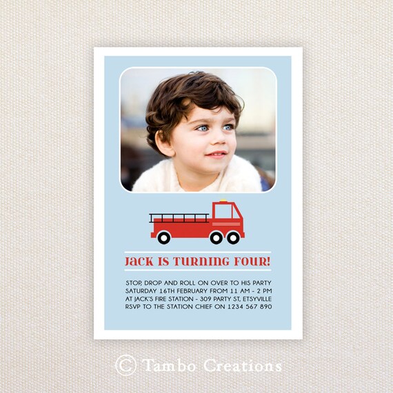 Boys Birthday Party Invitations. Fire Engine. I Customize, You Print. Il_570xn
