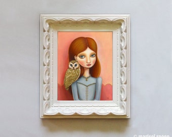 Owl art and big eyed girls room decor - Imogene print on somerset velvet - woodland pop surrealism by Marisol Spoon