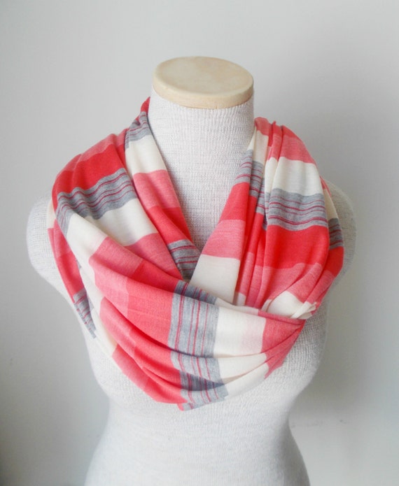 Coral Grey and Cream Striped Jersey Knit Infinity Scarf by MegansMenagerie on Etsy