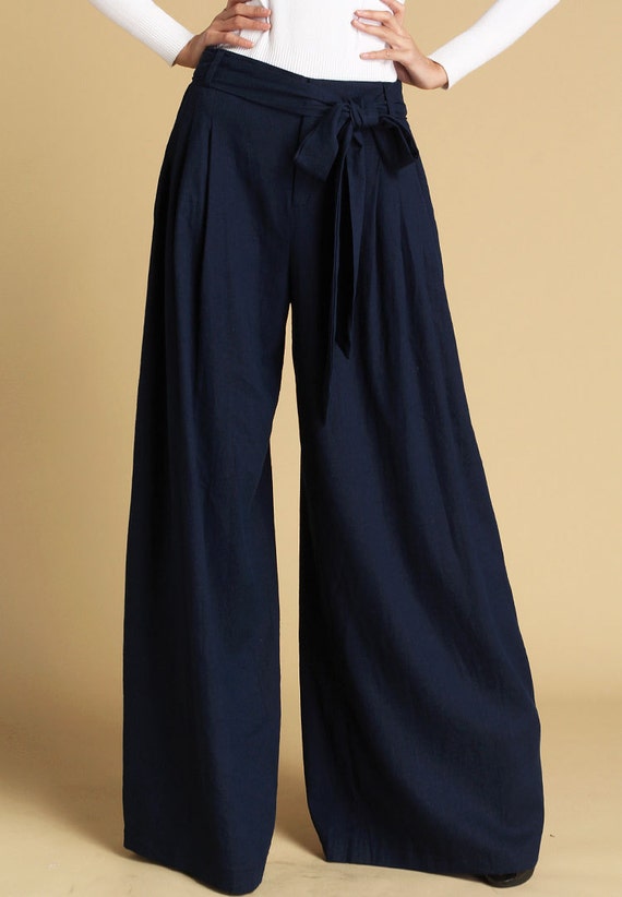 Navy blue pants women wild leg pants maxi pants with self