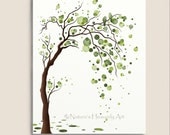 Green Tree Watercolor Art 8 x 10 Print, Love Birds, Tree Illustration, Modern Wall Decor, Circles, Polka Dots (168)