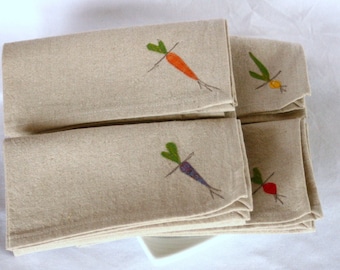 Cloth Napkins, Root Vegetables on Natural Linen and Cotton Blend, Set of 4 Sixteen inch Dinner Napkins