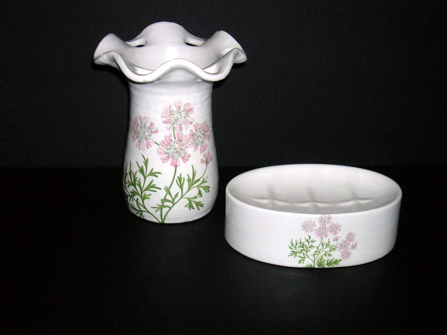 Ceramic Toothbrush Holder and Soap Dish Pink Flowers