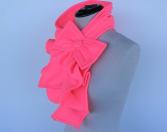 Ruffled Bow Scarf - Fleece Fluorescent/ Neon Pink - made to order