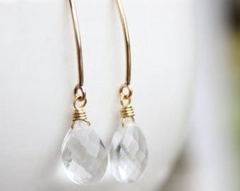 Gold Crystal Quartz Gemstone Earrings - Wire Wrapped - 14KT Gold Fill