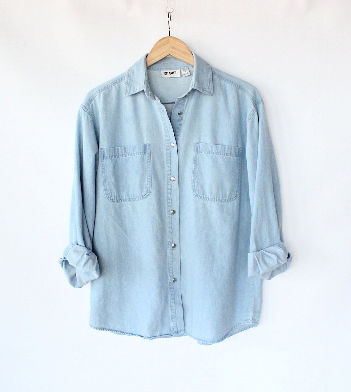 Vintage 80s Light Blue Jean Button Up Shirt // by vauxvintage