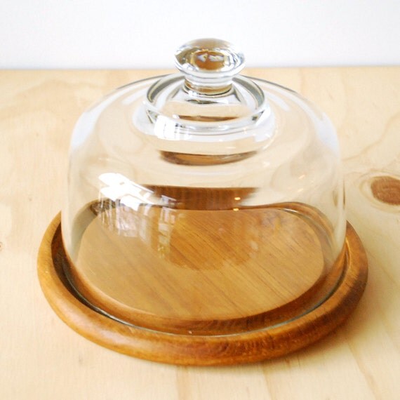 Teak and Glass Dome Cheese Plate Serving Tray Cloche Dome