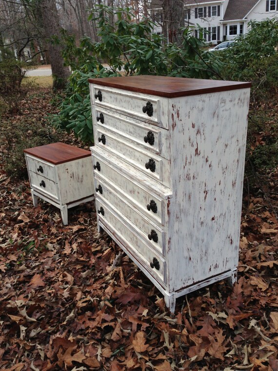Distressed White Nightstand and Highboy Dresser