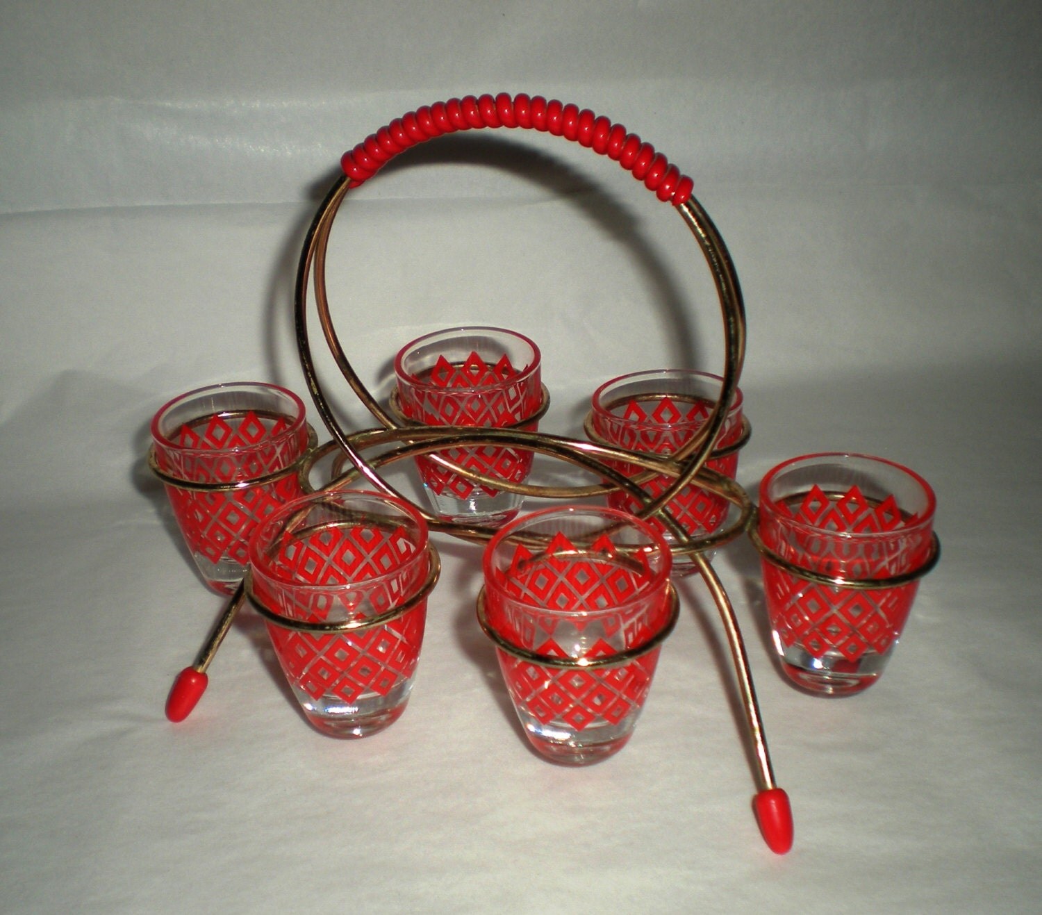 Sale! Vintage Shot Glasses with Rack Red Haute Juice