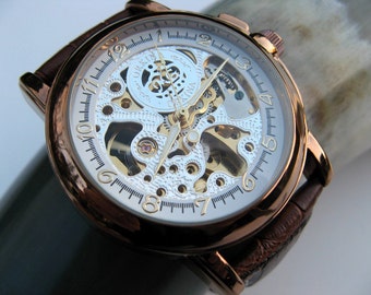 Copper Steampunk Mechanical Wrist Watch, Luxury Brown Leather Wristband, Golden Copper Tone, Unisex, Men, Groomsmen - Watch - Item MWA57-cp