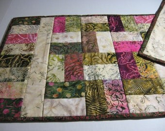 Reversible Quilted Table Runner. Batik Botanicals in Green, Cream, Mauve. Ready to Ship