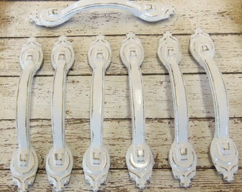 FREE SHIPPING Drawer Pulls Shabby Chippy Vintage White 3 Inch Centers Distressed Set of 7