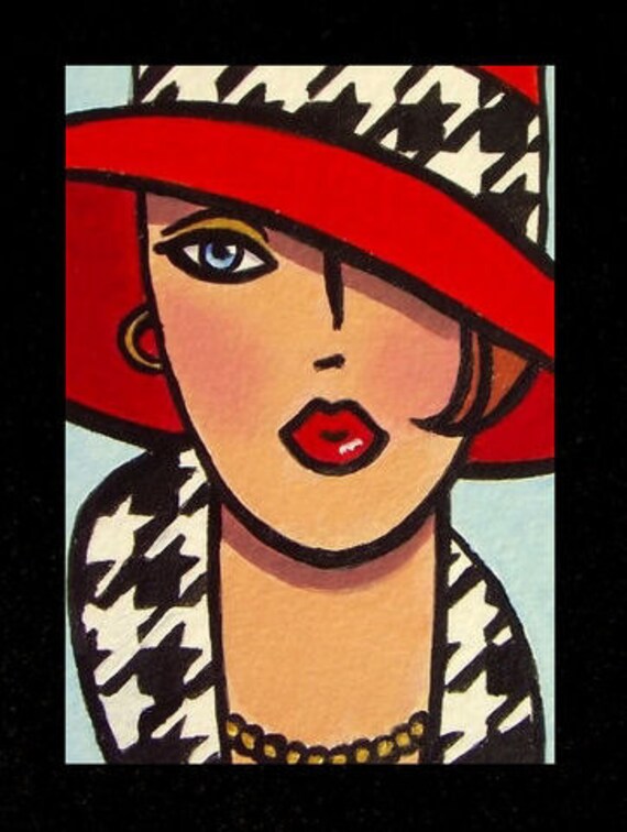 ACEO Art Deco lady houndstooth dogtooth hat suit Acrylic