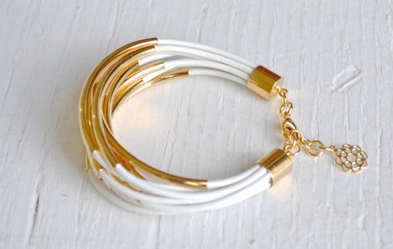 50% off SALE - White Leather Cuff Bracelet with Gold Tube Beads ...