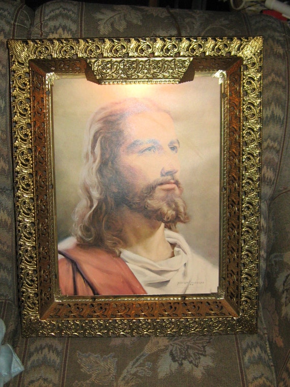 Items similar to 1959 lighted Textured brass framed Print of Jesus ...