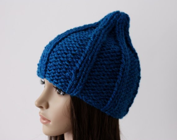 Hand Knit Hat Women s Men's Pointed Hat Midnight Blue by zukas