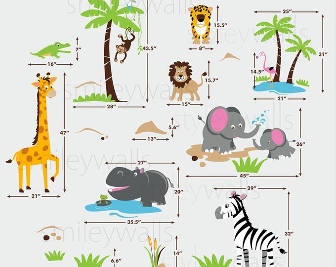Safari Jungle Animals HUGE Wall Decal Set Monkey Giraffe Elephant Lion Zebra Tiger Crocodile Hippo Nursery Kids Playroom Room Sticker Art