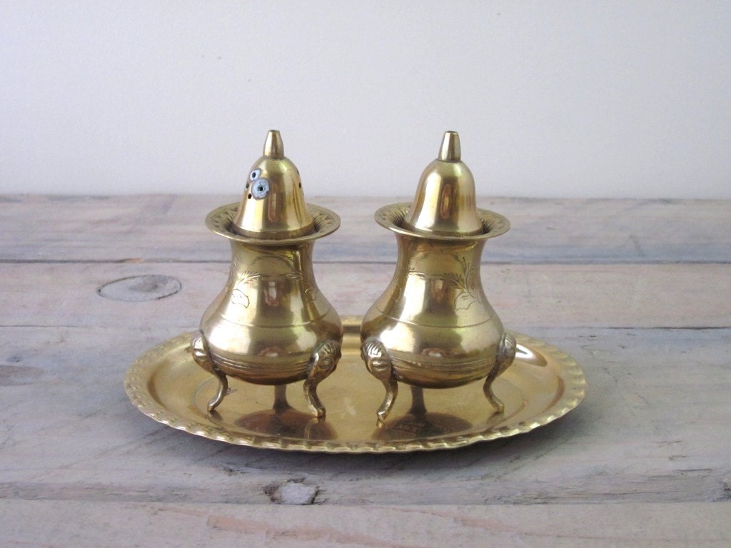 Vintage Brass Salt and Pepper Shakers with Tray