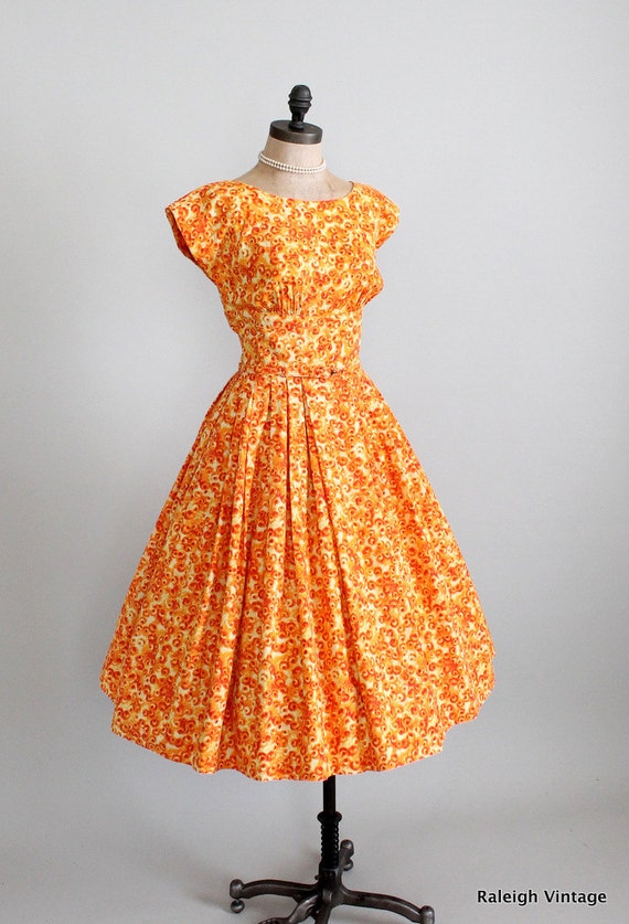 Vintage 1950s Dress 50s Orange Swirl Cotton Party Dress