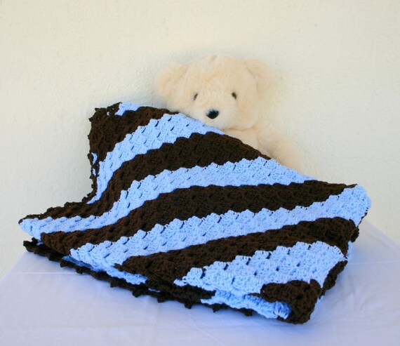 Crochet afghan blue brown diagonal striped lap blanket throw