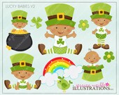 Lucky Babies V2 Dark Skin Cute Digital Clipart for Invitations, Card Design, Scrapbooking, and Web Design, St Patricks Day Il_170x135