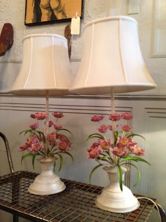 Pair of Vintage Painted Tole Metal Flower Lamps by idaseyeantiques