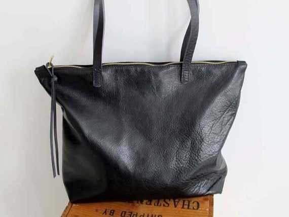 Soft Black Leather zipper Tote Bag Everyday Tote Bag