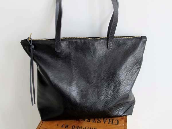 Soft Black Leather zipper Tote Bag Everyday Tote Bag by sord
