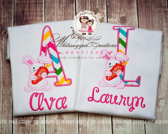 Baby Girls Easter Bunny Alpha Appliqued Shirt - Custom Initial with Bunny Personalized shirt - Easter Toddler Shirt - Bunny Shirt