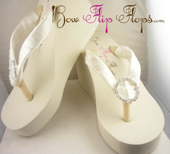 Bridal Wedge Flip Flops Ivory Regal Circle Rhinestone Bling Satin ...