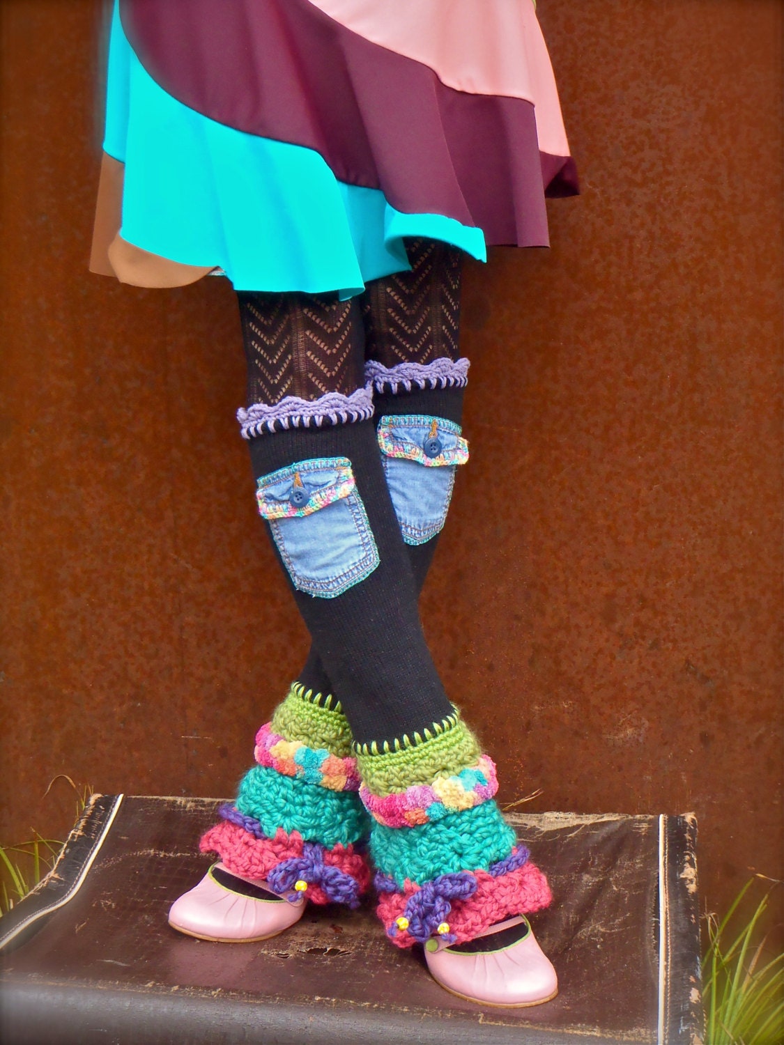 Black HIPPIE LEG Warmers Colorful leg warmers Flared leg