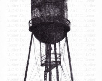 Water Tower Drawing- Free Shipping