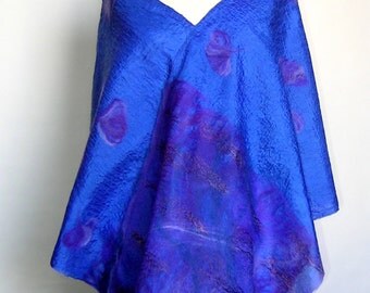 Felted indigo royal blue shawl scarf felting wool silk luxury cape wedding bridesmaid idea for her lilac purple bright blue