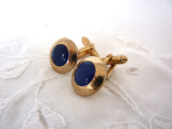 Swank Cuff Links Blue Lucite Cabochons 1970's