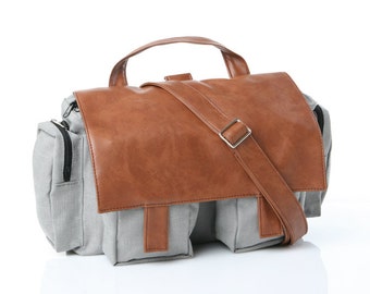 Grey Cotton,Messenger Bag, Padded Laptop, Briefcase ,Backpack - Lola, Vegan, Convertible Briefcase