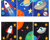 Space Themed Wall Art for Kids, Set of 3 CUSTOM SPACE PAINTINGS, black or blue, 8x10 canvas acrylic art for children