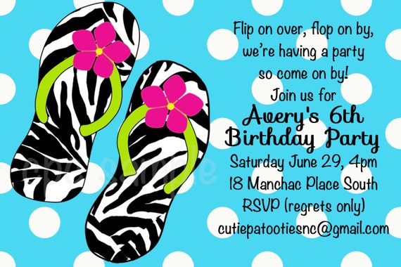 Pool Party Birthday Invitation - Printable or Printed - Party Supplies - Flip Flops Birthday Invitations Il_570xn