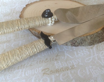 Wedding Cake Cutting set. Cake Serving Set with an chalkboard inspired Mustache Flair