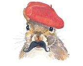 Squirrel Watercolour Painting PRINT, French Squirrel, Mustache, Red Beret, 8x10 Print