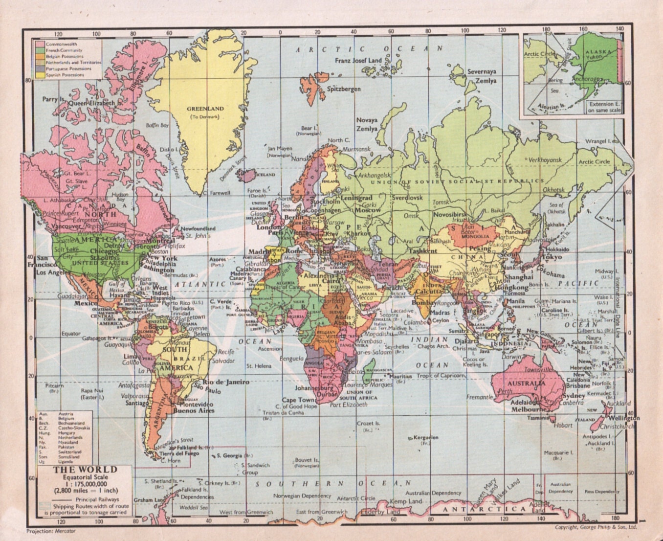 SALE World Map 1959 Vintage World Map Colorful World Map