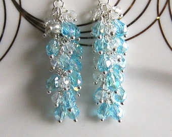 Long Light Blue Cluster Earrings Blue Teardrop Crystal Cluster Earrings Blue Earrings